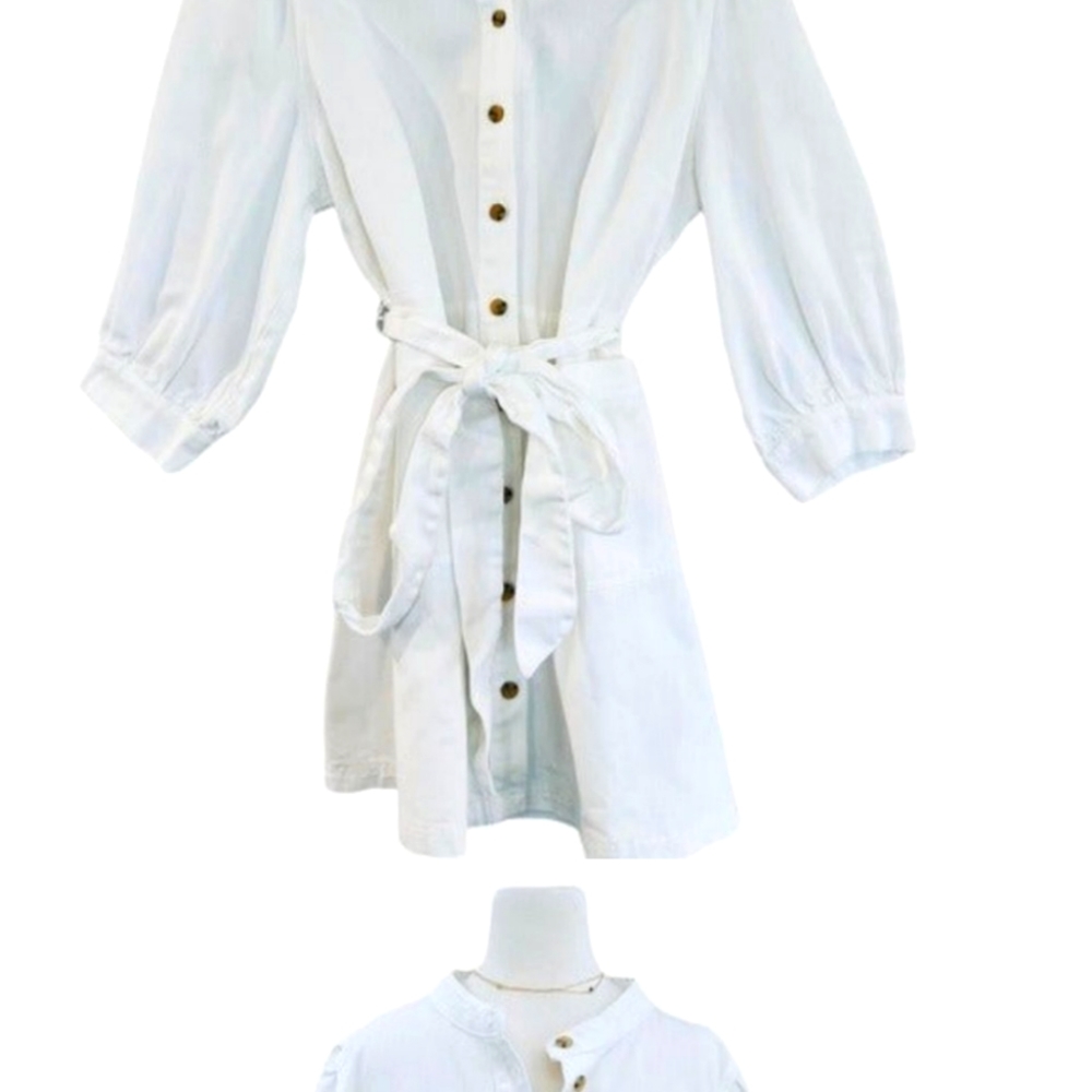 WHO WHAT WEAR White Denim Button Down Puff Sleeve Belted Mini Dress Size 1X - Picture 3 of 4